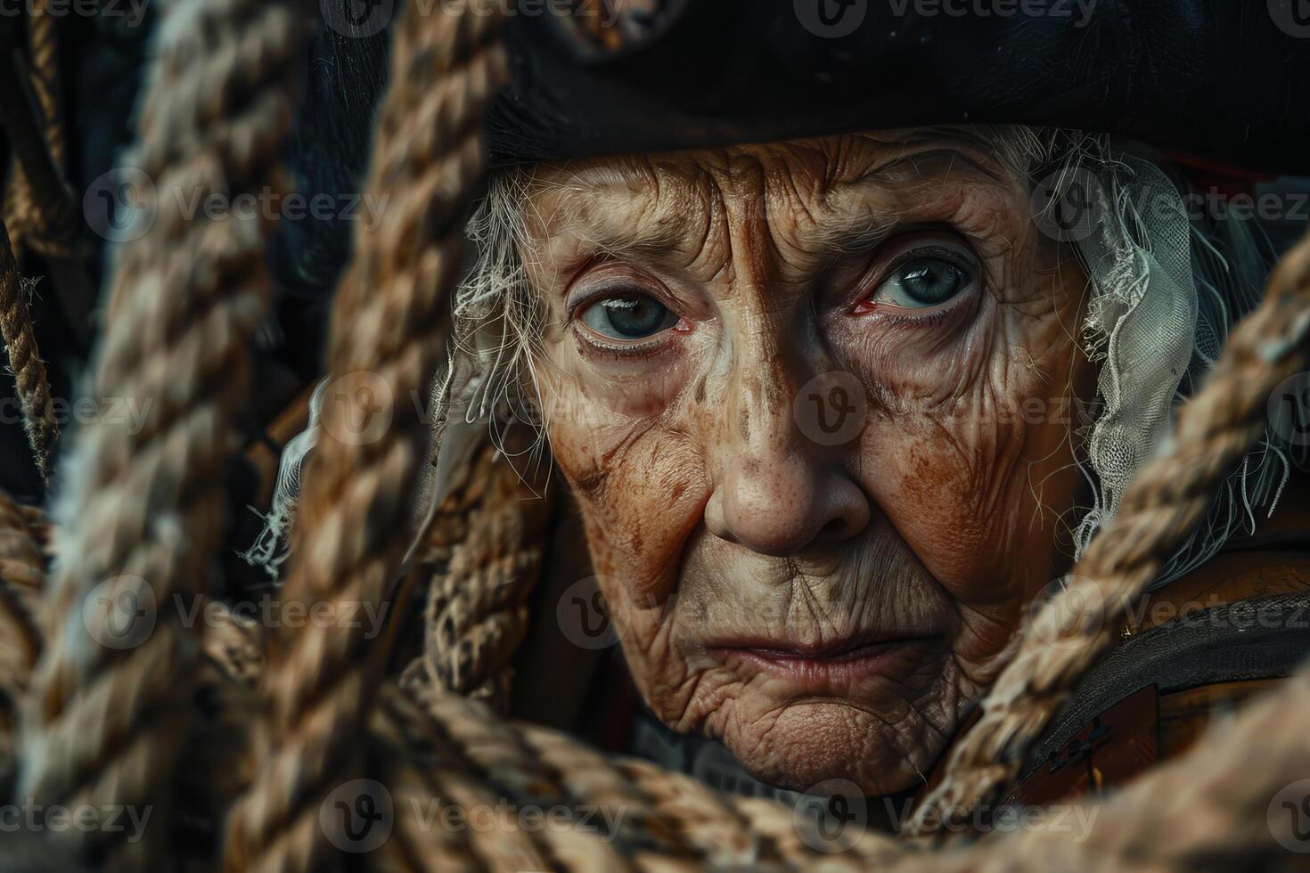 Senior female sailor holding ship ropes with intense gaze photo
