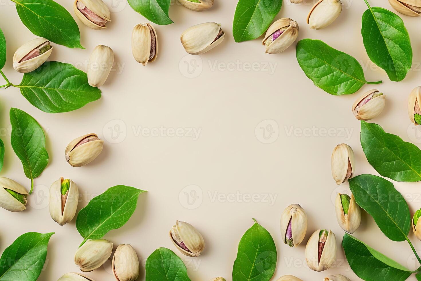 Pistachios and leaves creating a frame on beige background photo