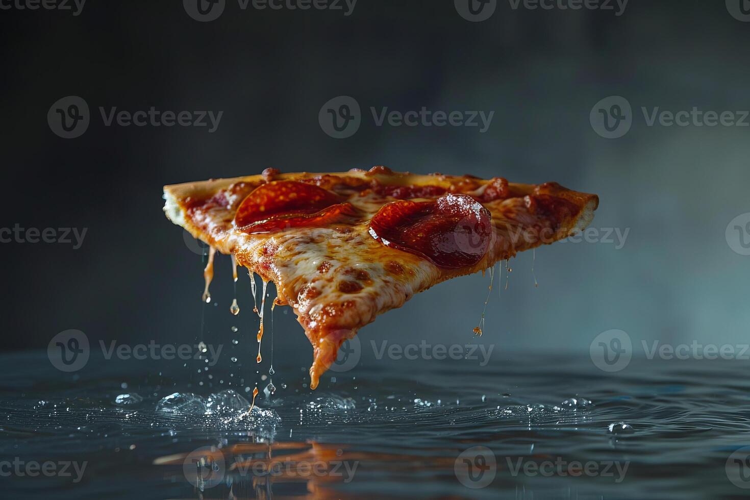Slice of pepperoni pizza dripping cheese and sauce over water photo