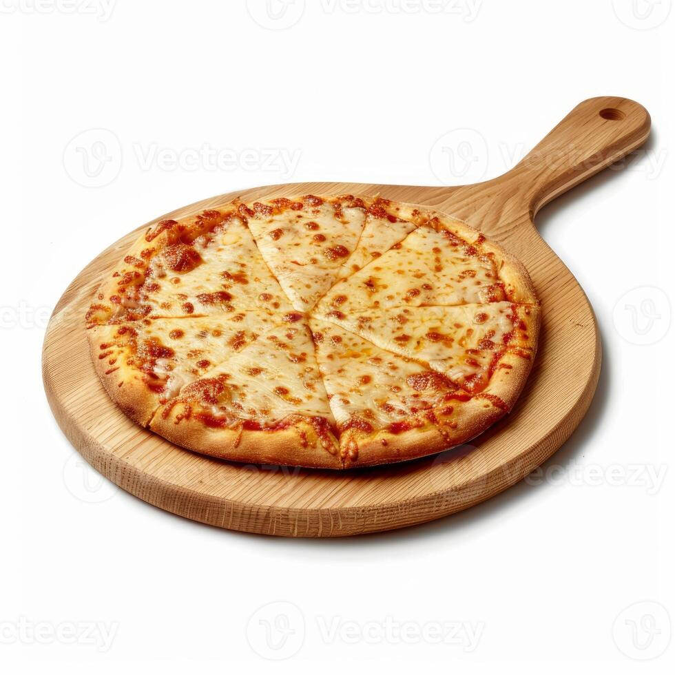 Delicious cheese pizza resting on wooden cutting board photo
