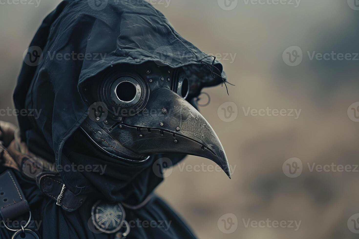 Plague doctor mask with steampunk style elements in post apocalyptic setting photo