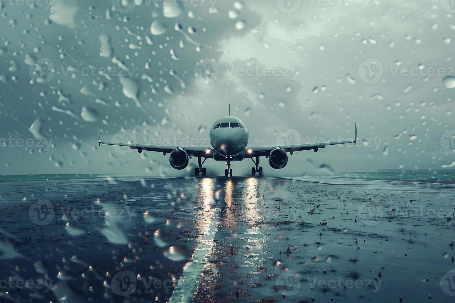 Airplane taxiing on wet runway during heavy rain photo