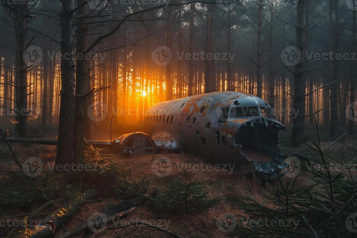 Abandoned airplane wreckage lying in forest at sunset photo