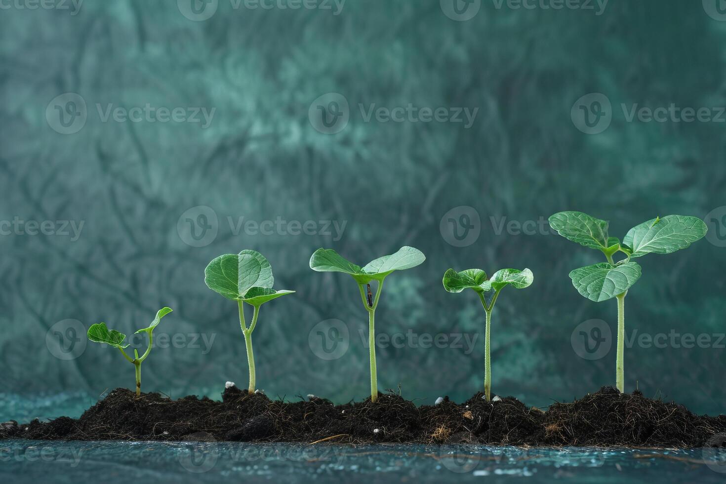 Five growing seedlings showing the concept of growth over time photo