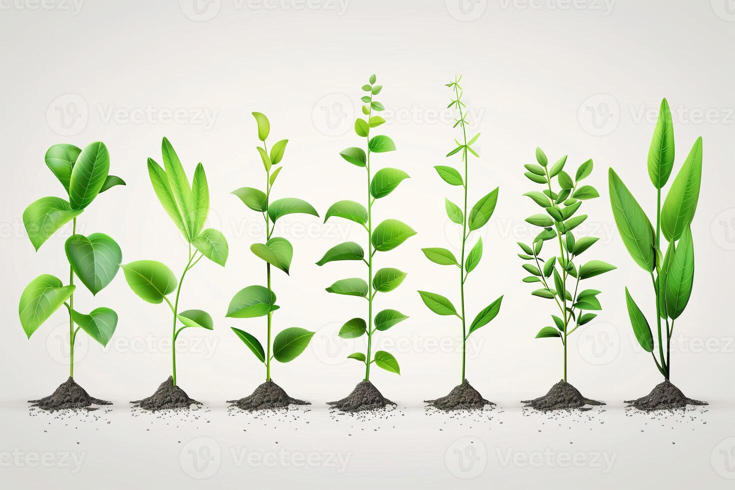 Seven growing plants showing growth stages from small to large photo