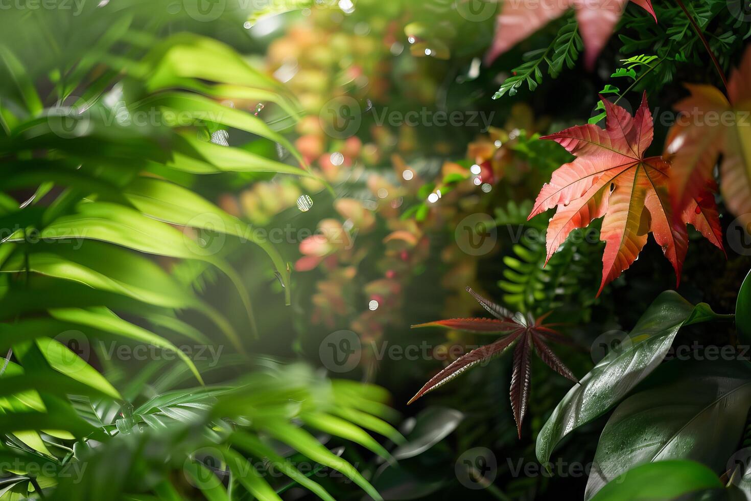 Lush tropical foliage flourishing in the sunlight with dew drops photo