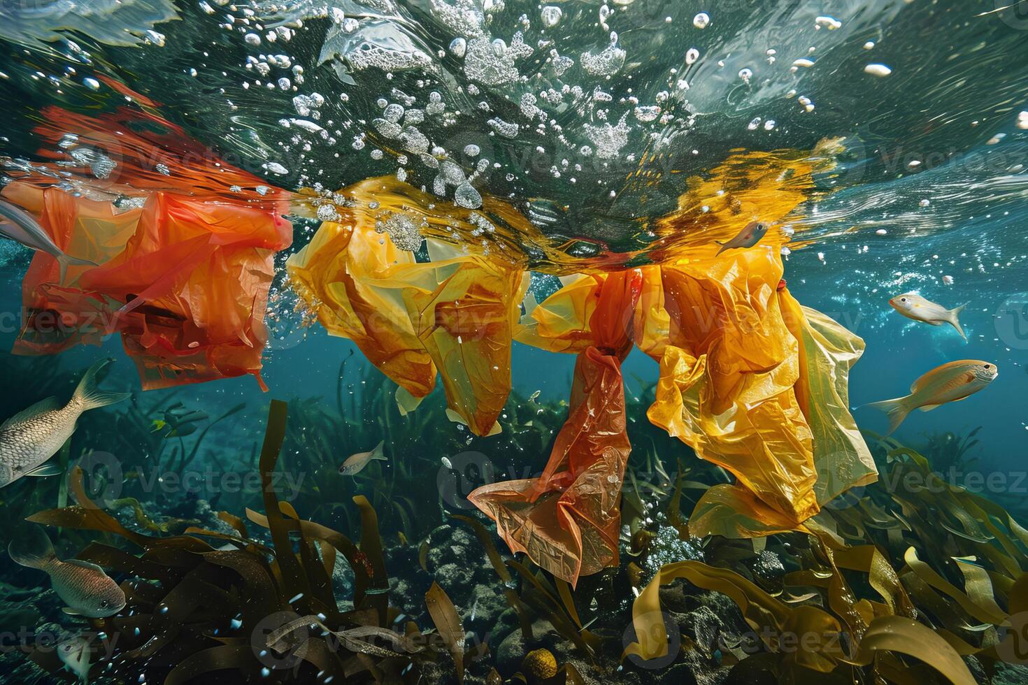 Plastic bags floating underwater polluting ocean with fish swimming around photo