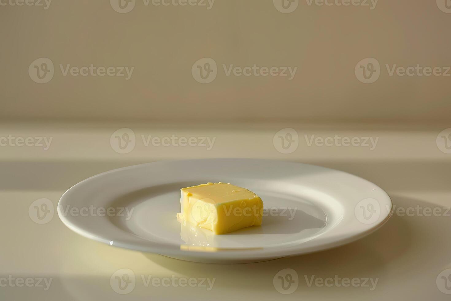 Single piece of butter melting on white plate under sunlight photo