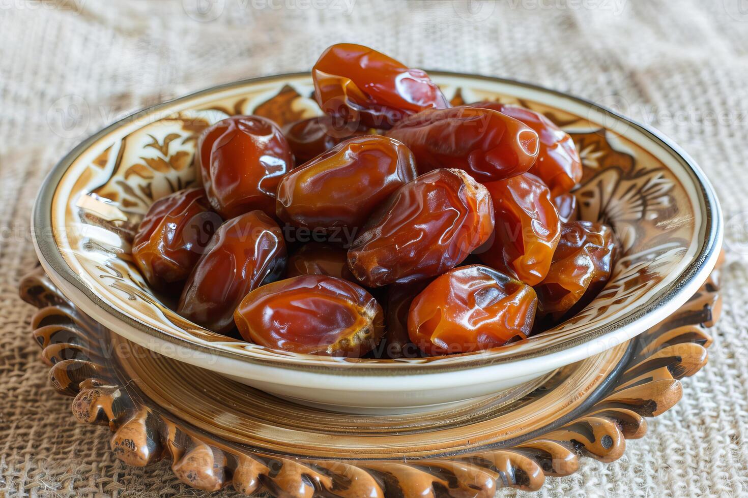 Fresh medjool dates resting in decorative bowl on burlap surface photo
