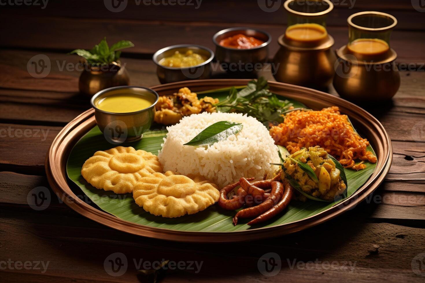 Traditional indian thali meal served on banana leaf with rice, vegetables, and condiments photo