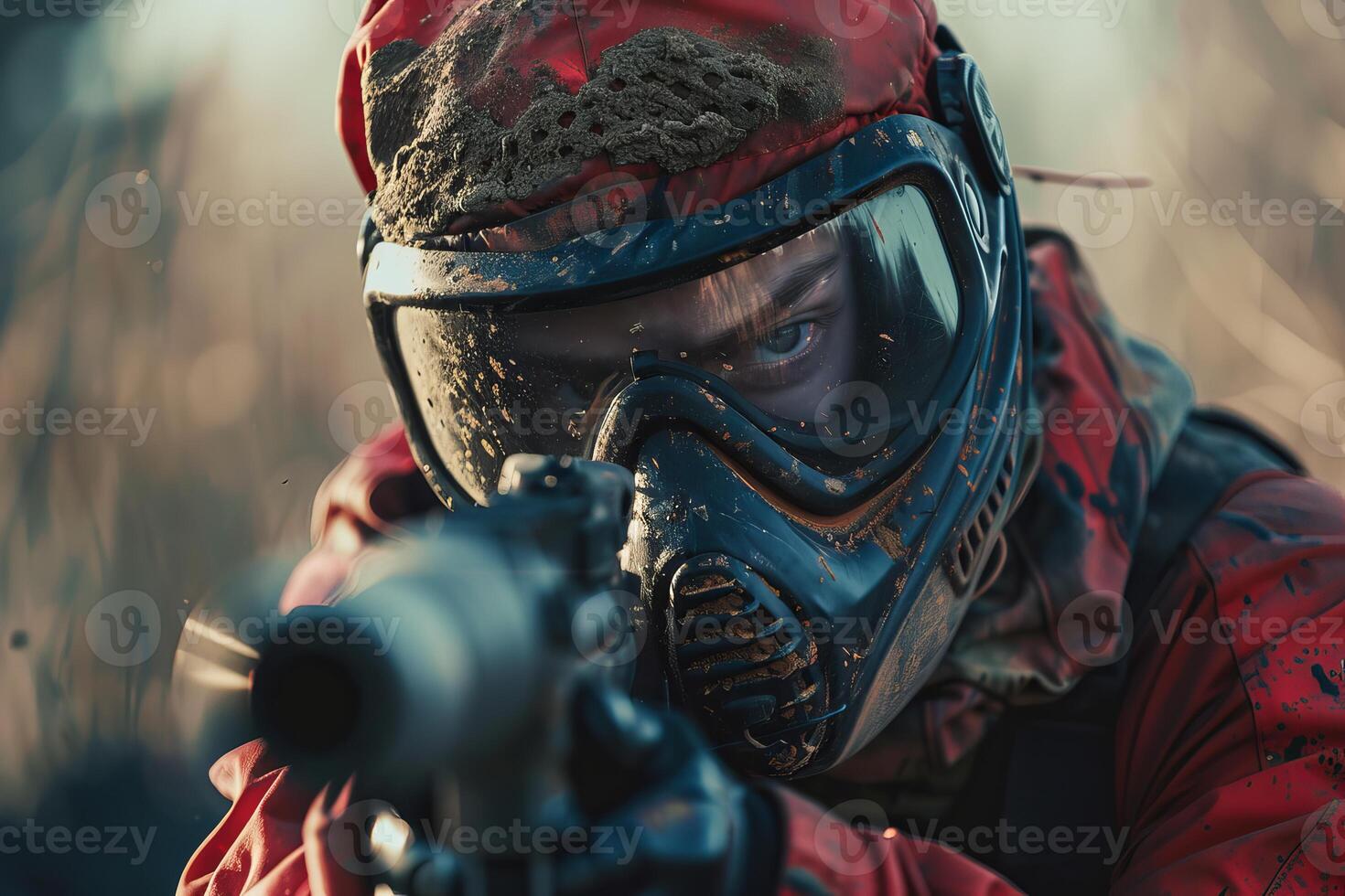 Paintball player aiming with marker in protective gear photo