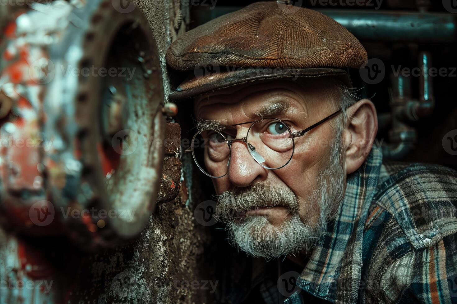 Watchful plumber hiding behind pipes in dark basement photo
