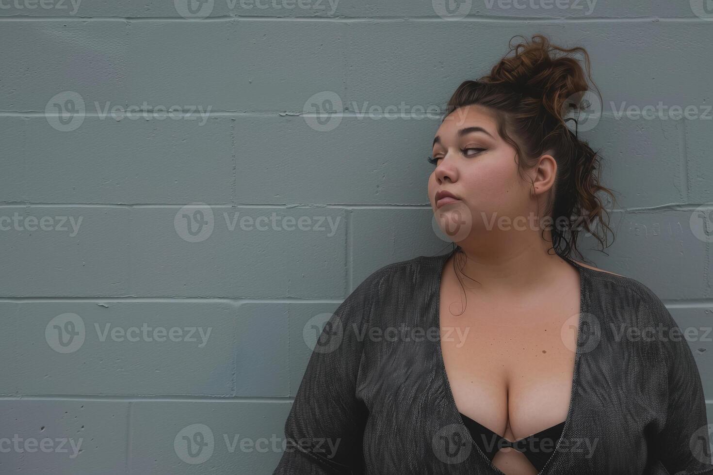 Young plus size woman posing in front of a grey wall photo