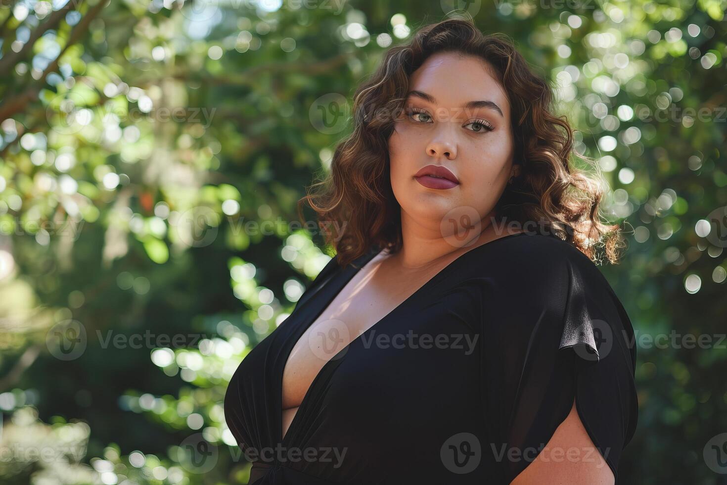 Curvy model posing in nature, celebrating self love and confidence photo