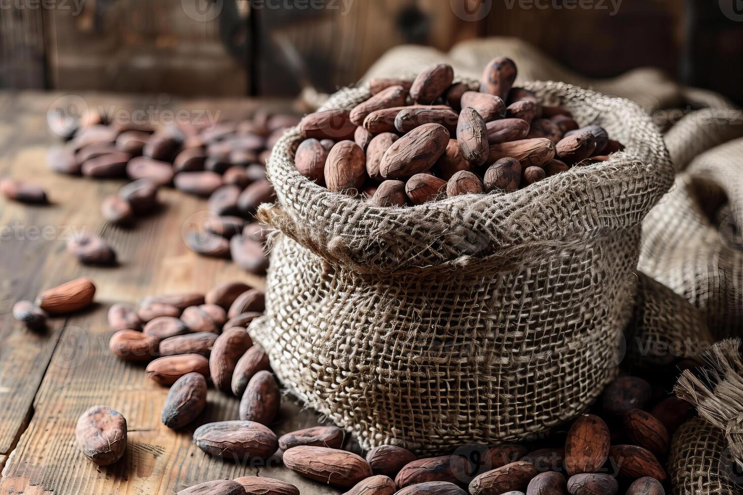 Cocoa beans overflowing from burlap sack on rustic wooden table photo