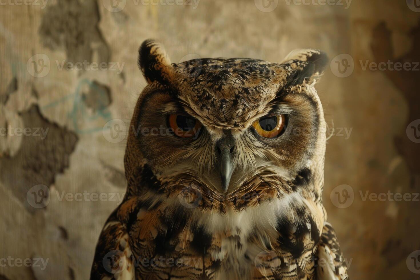 Majestic owl staring with intense gaze on grunge background photo