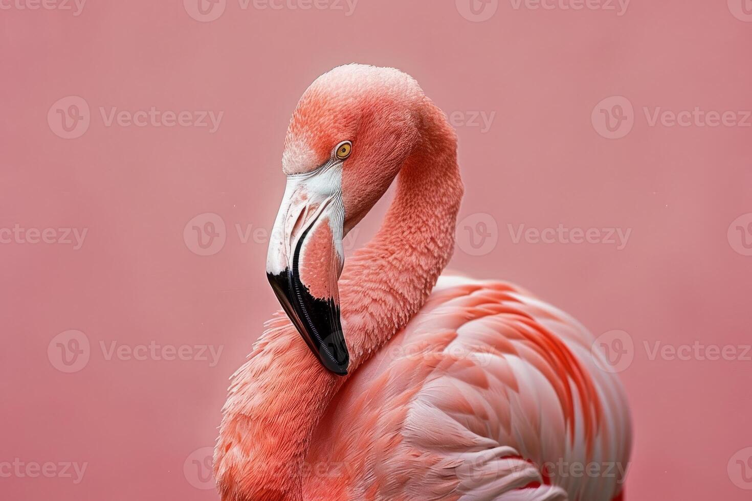 Pink flamingo bending its neck on pink background photo