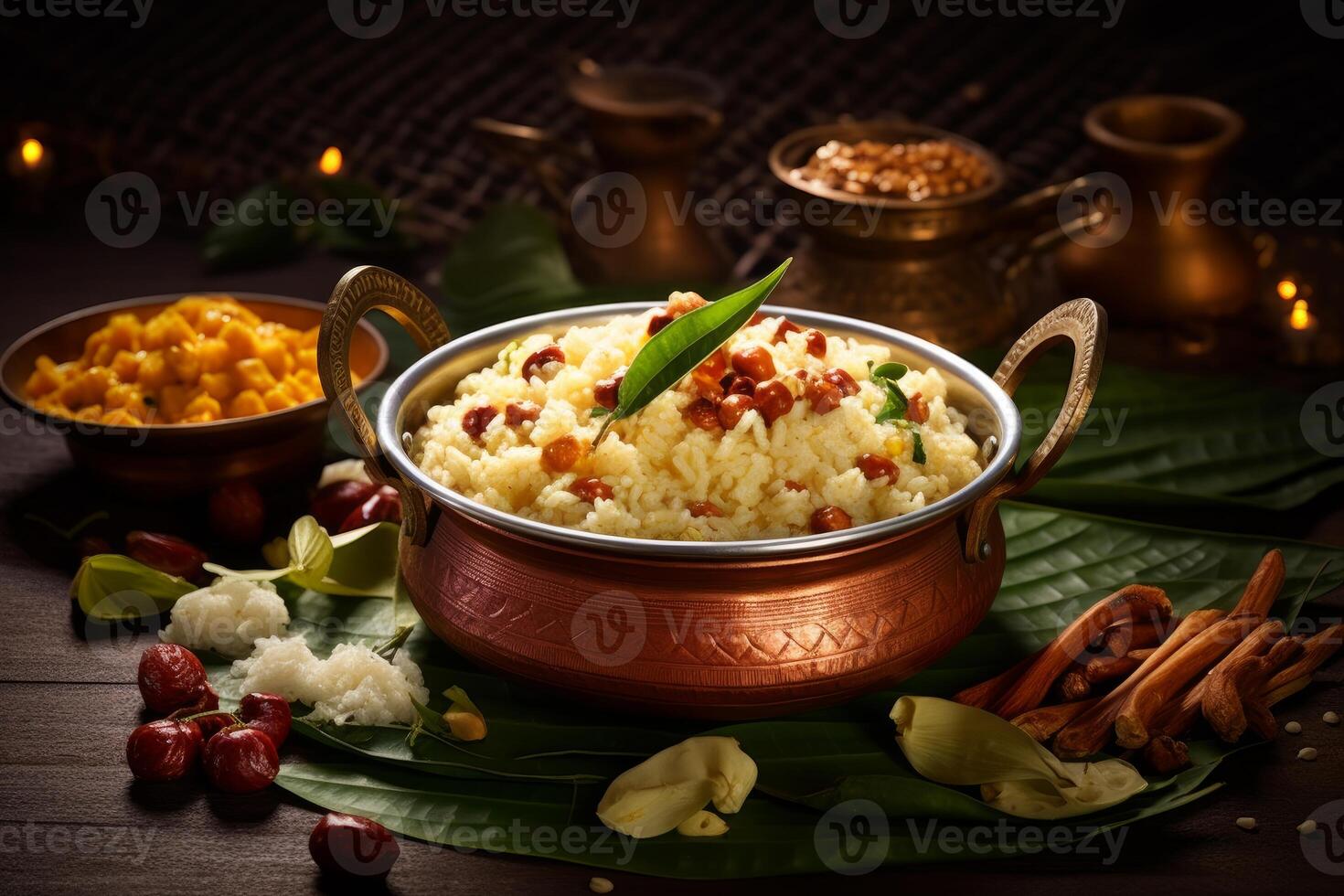 Pongal rice with chickpeas, cashews, and curry leaves served in traditional copper pot photo