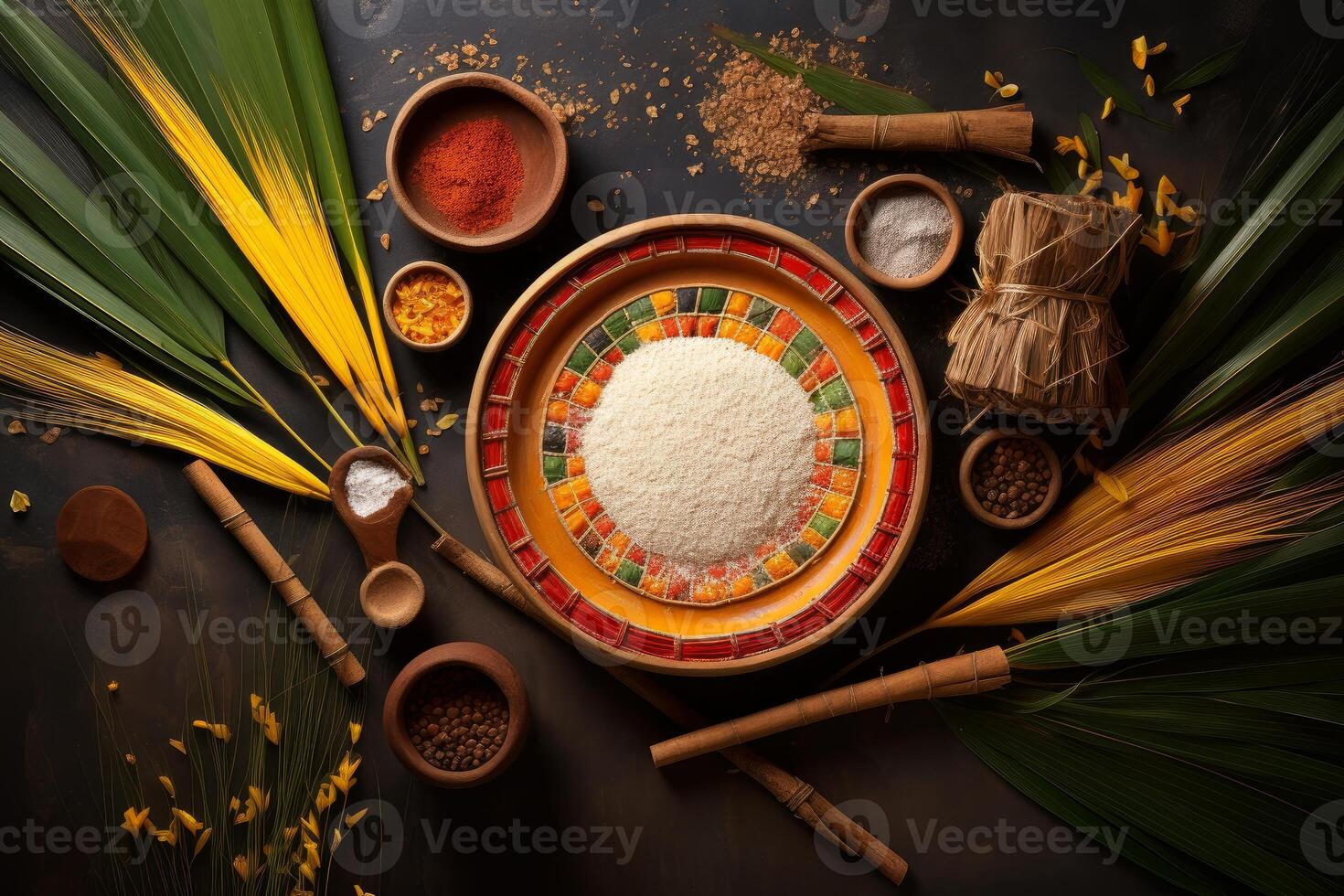 Colorful plate with flour, spices, and tropical leaves creating a vibrant culinary scene photo