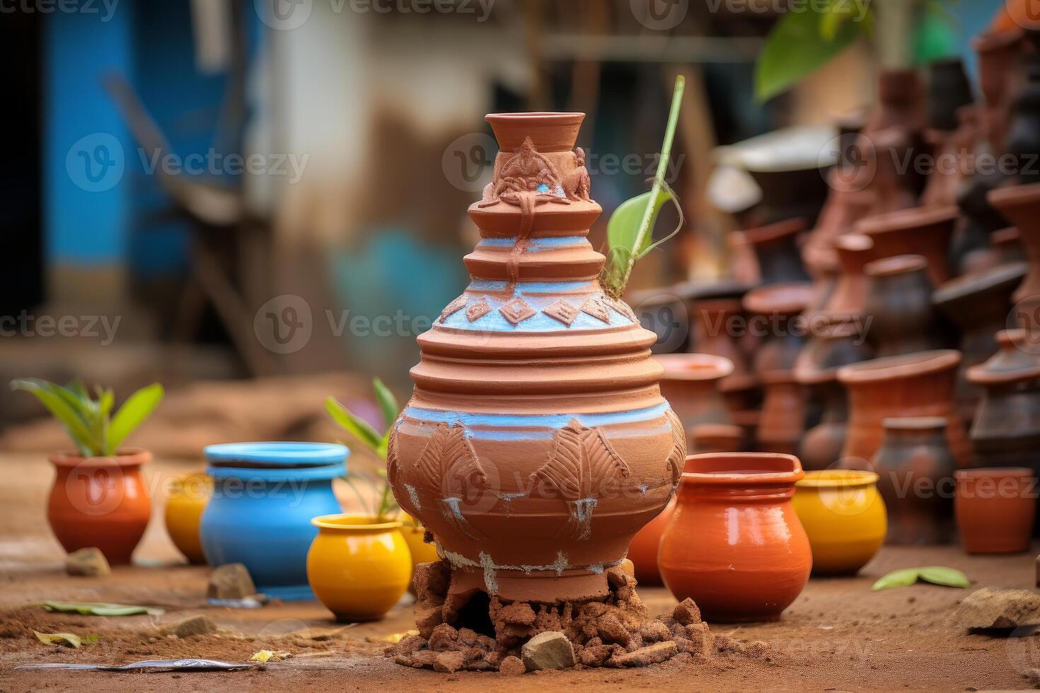 Terracotta vase drying in the sun in a pottery workshop photo
