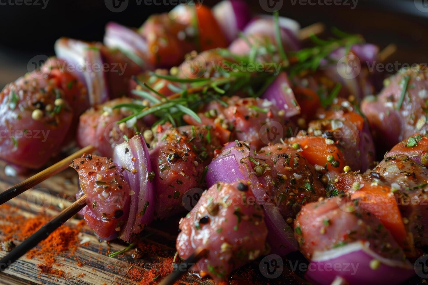 Delicious raw meat skewers seasoned with herbs and spices, ready for grilling photo