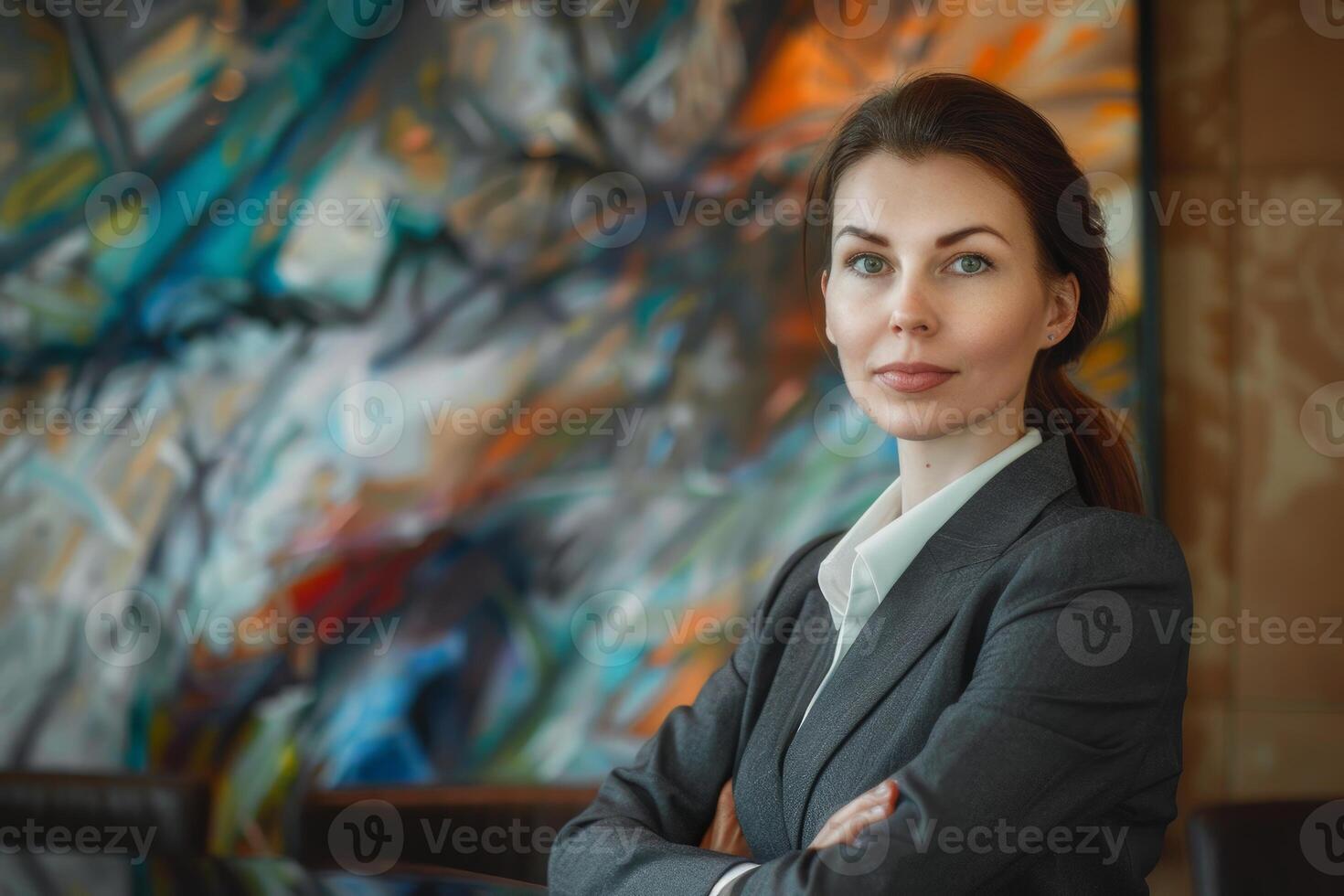 Businesswoman posing with folded arms in art gallery or museum photo