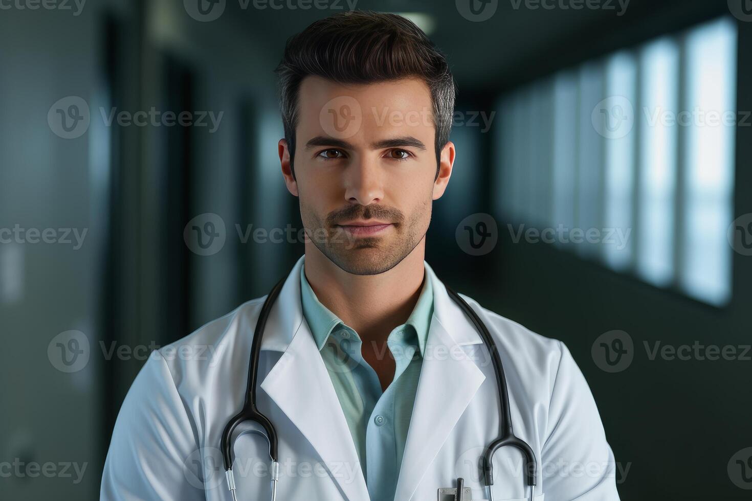 Portrait of confident doctor posing in hospital corridor photo