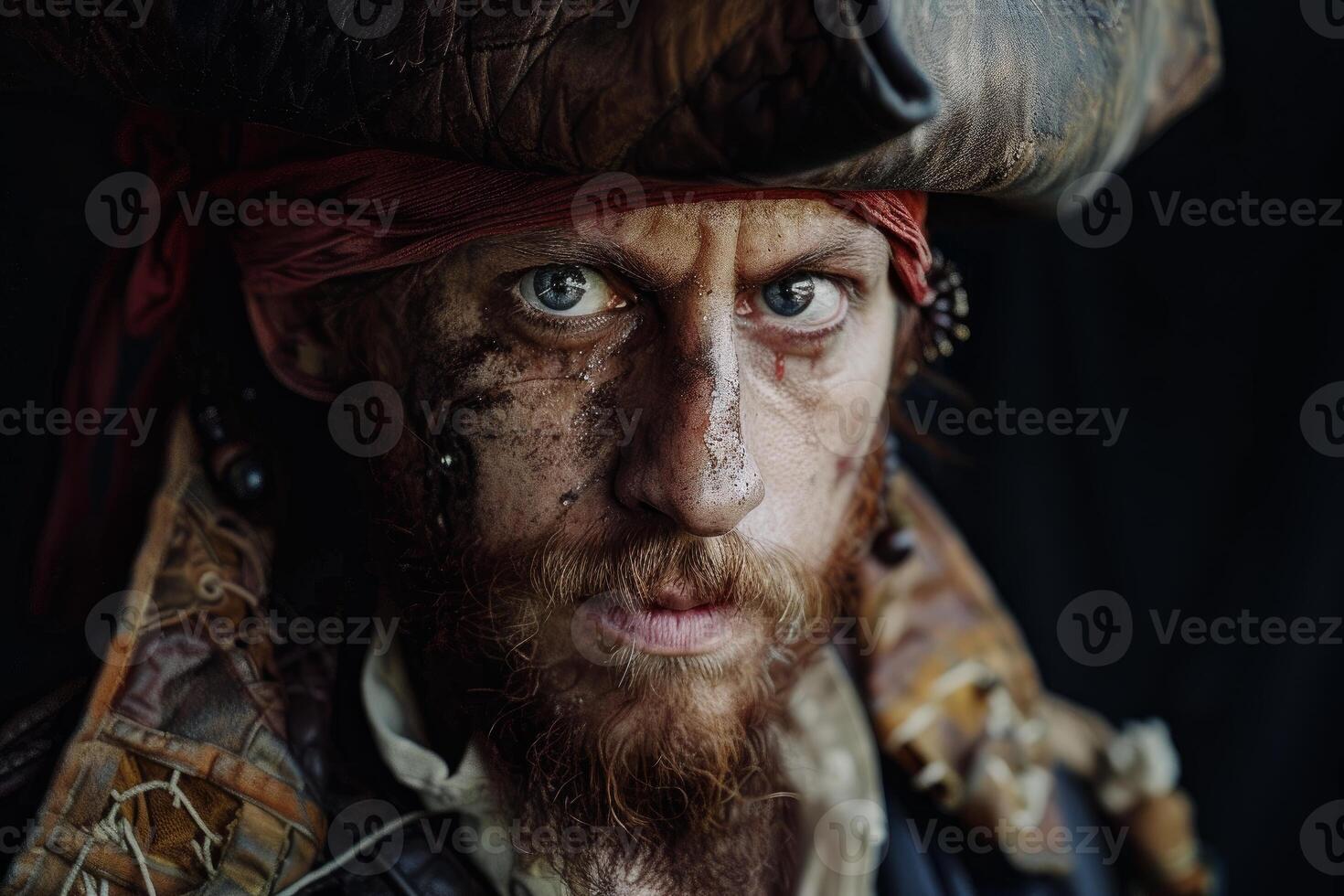 Portrait of a pirate wearing tricorn hat and red bandana, showing courage and determination photo