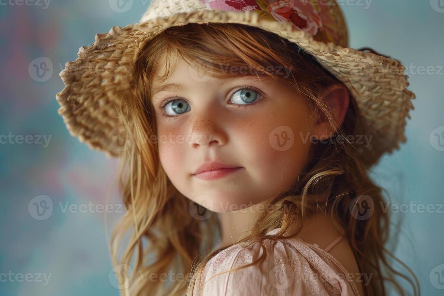 Portrait of adorable redhead girl wearing straw hat with floral decoration photo