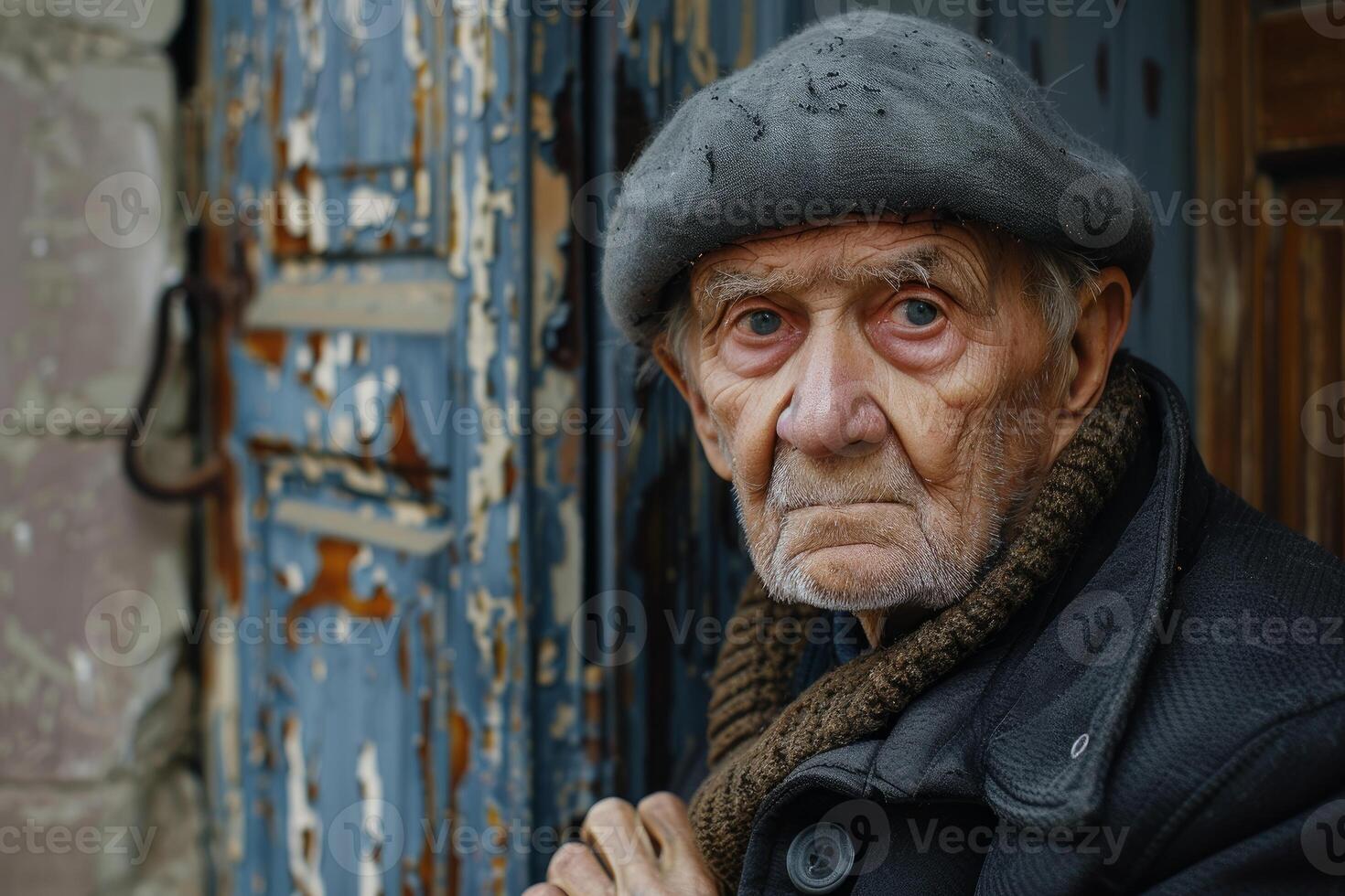 Elderly man wearing beret standing by rustic door photo