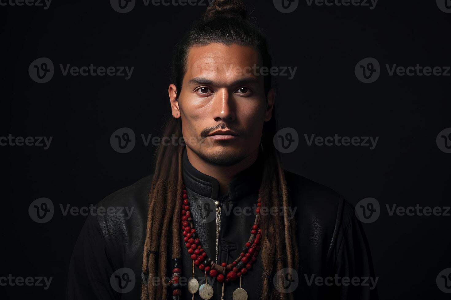 Young man wearing ethnic necklace and dreadlocks posing on black background photo