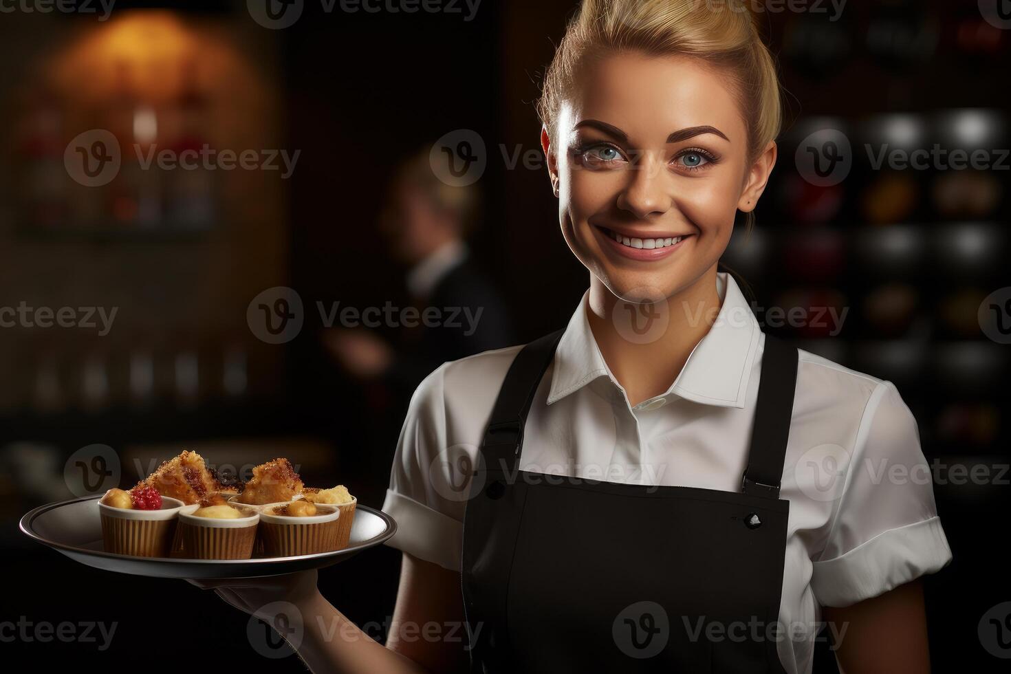 Smiling waitress holding tray of muffins in restaurant photo