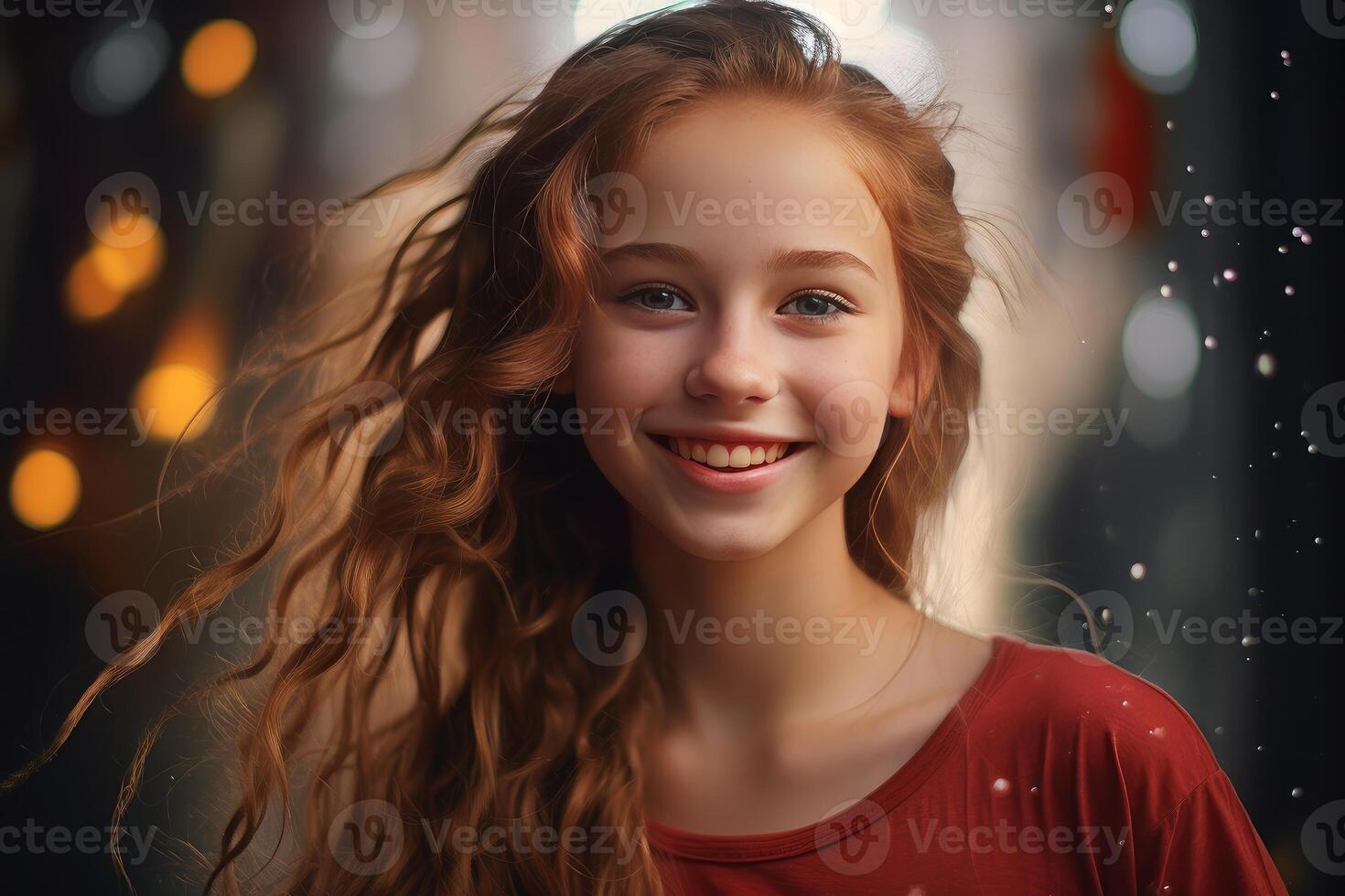 Portrait of smiling redhead girl with freckles showing happiness and joy photo