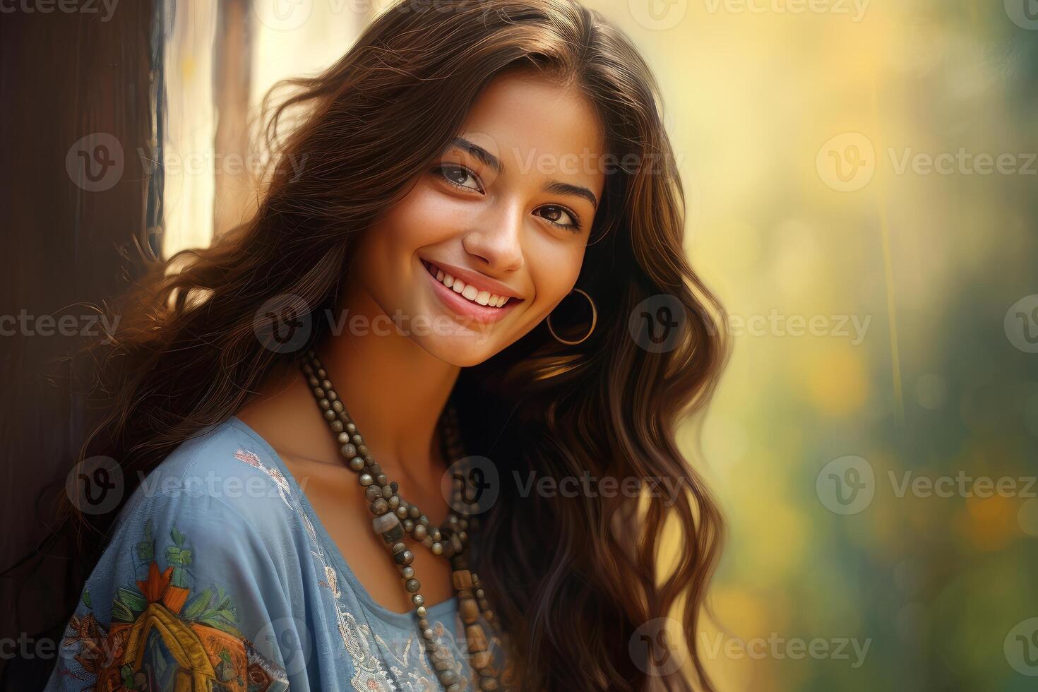 Beautiful smiling woman with long brown hair wearing jewelry photo