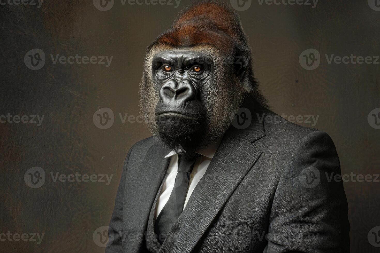 Serious gorilla wearing suit and tie, evolution of business leadership photo