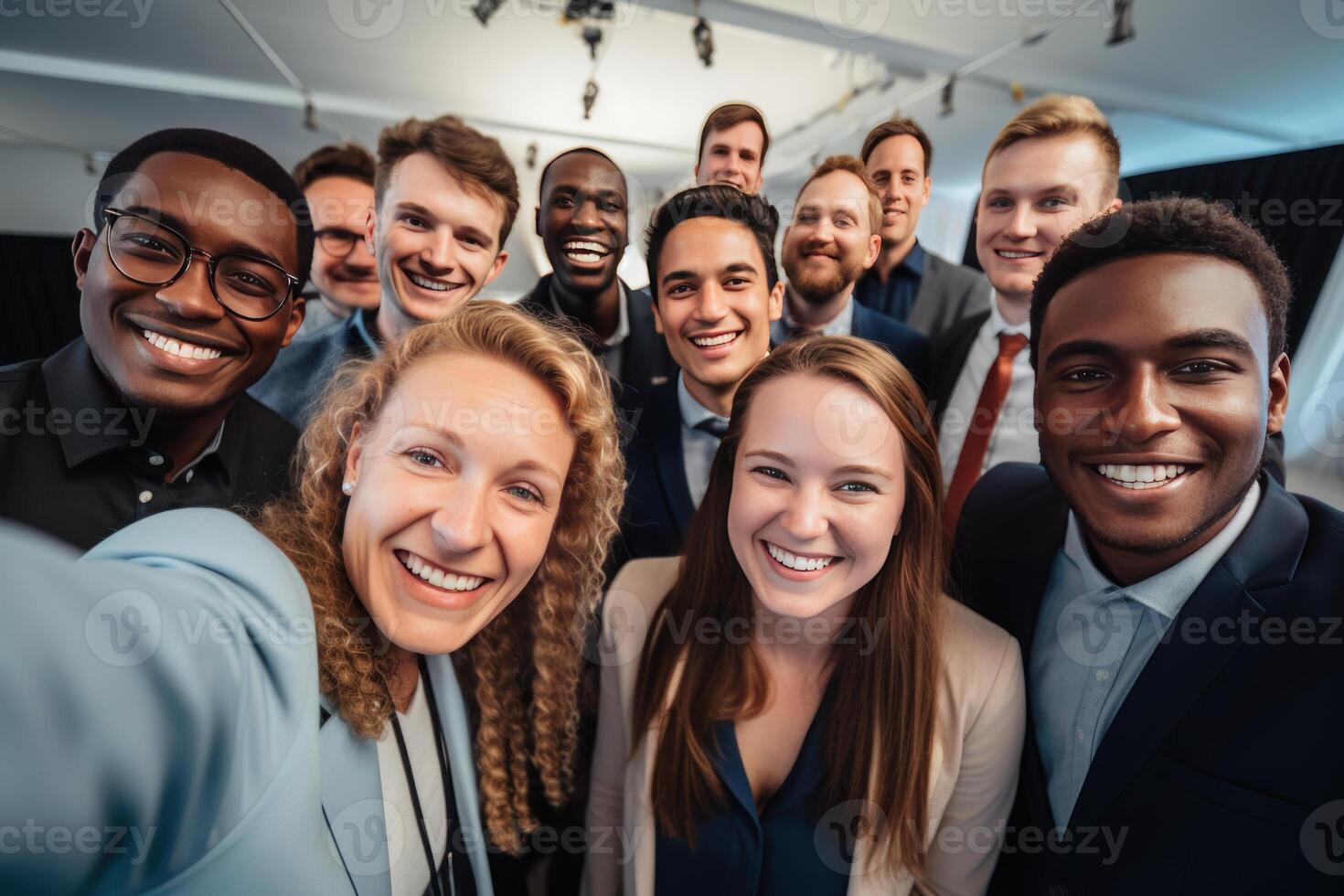 Happy diverse business team taking selfie in office smiling at camera photo