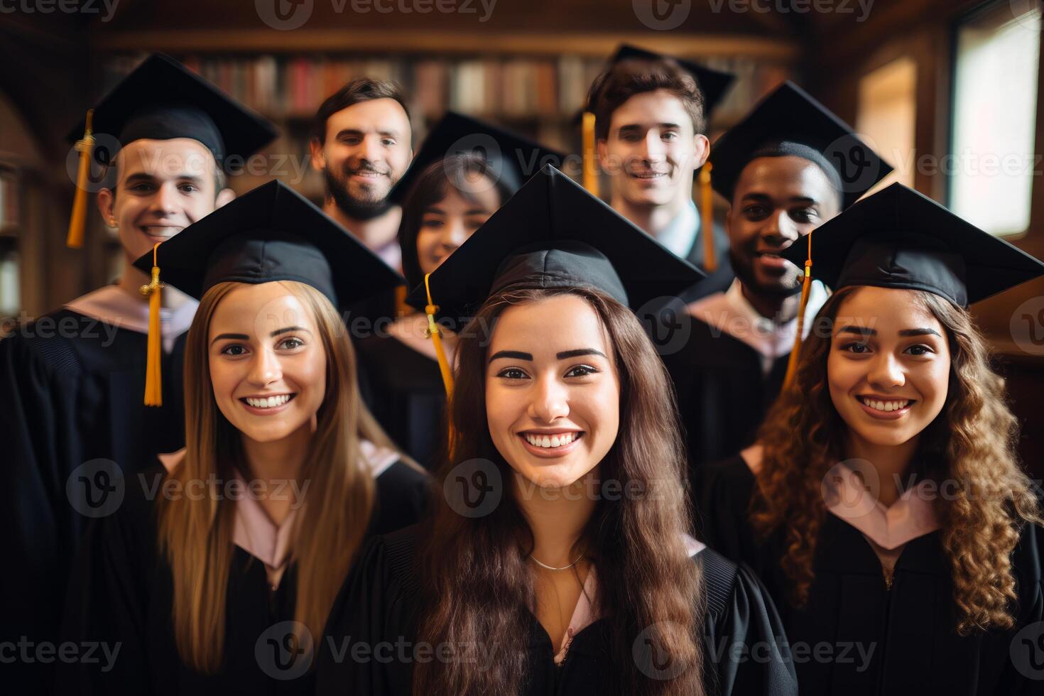 Happy graduating students smiling at university ceremony photo