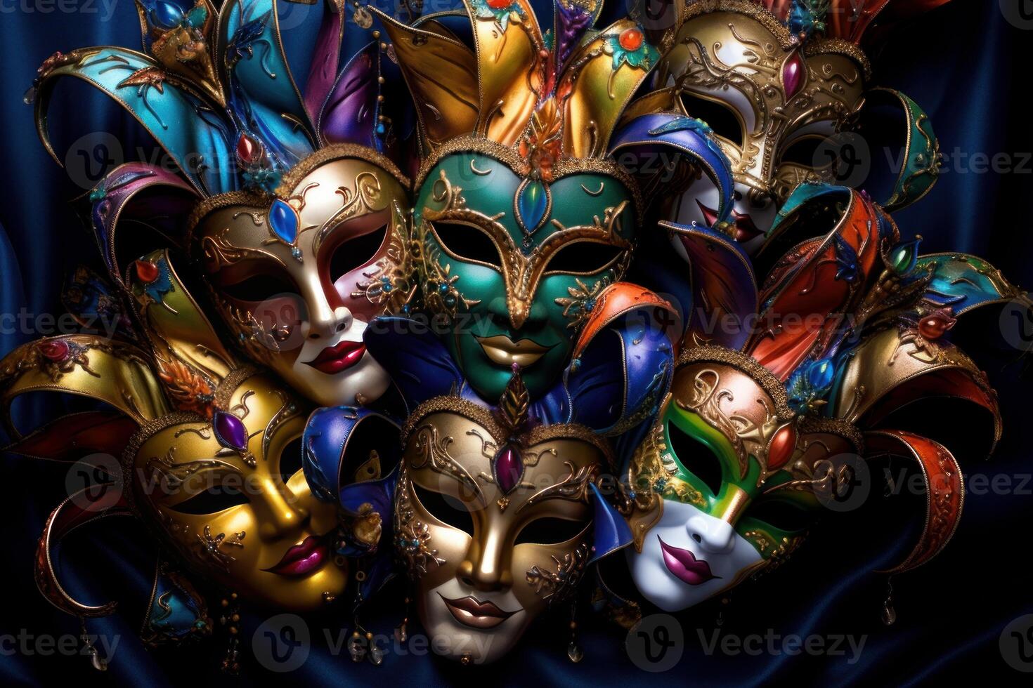 Colorful venetian carnival masks resting on blue silk photo
