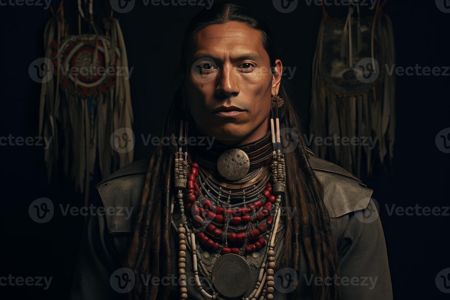 Indigenous man wearing traditional clothing and accessories photo