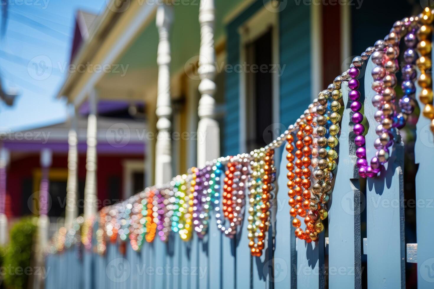 Colorful mardi gras beads hanging on a fence in front of new orleans houses photo