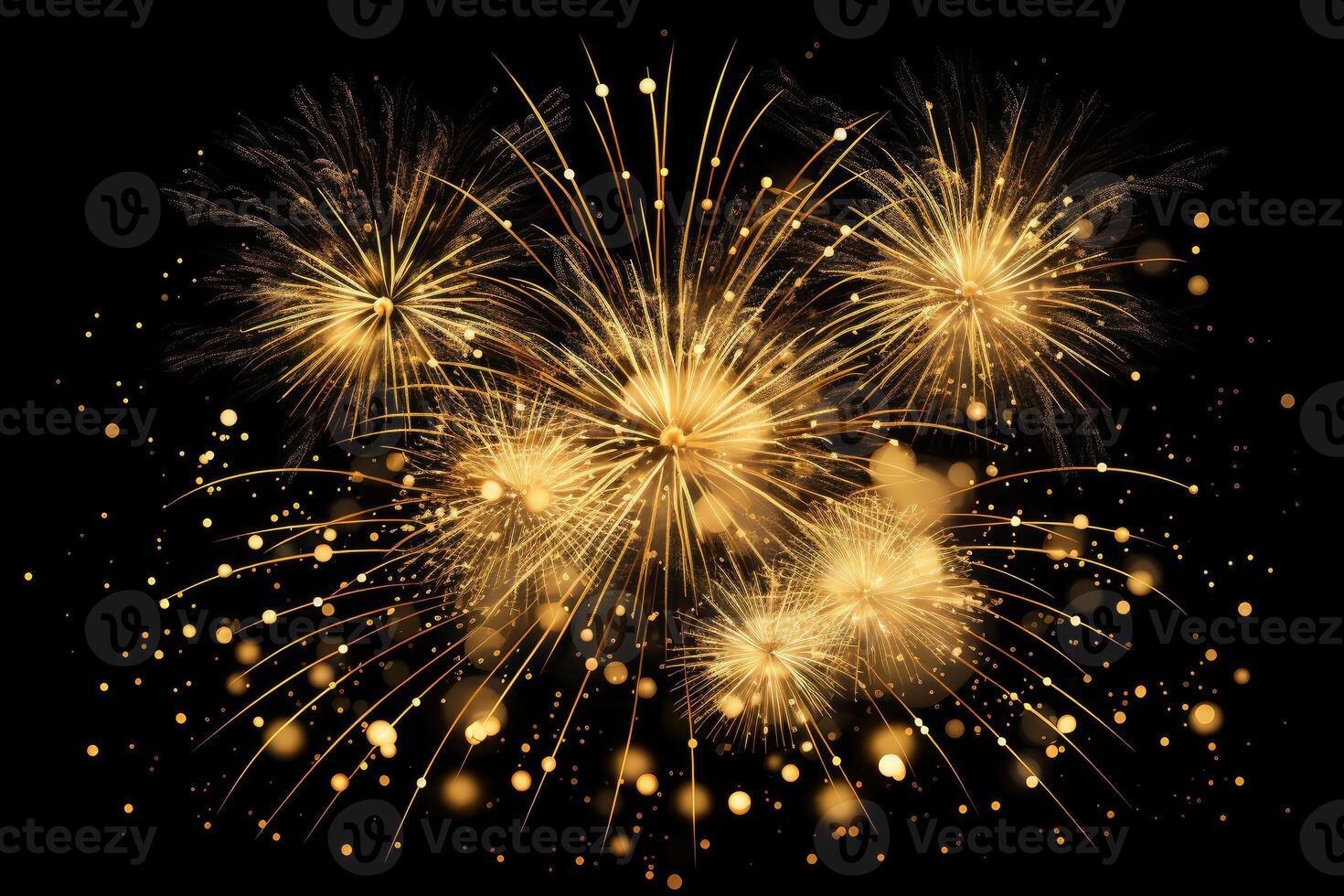 Golden fireworks exploding in the dark night sky creating a festive atmosphere photo