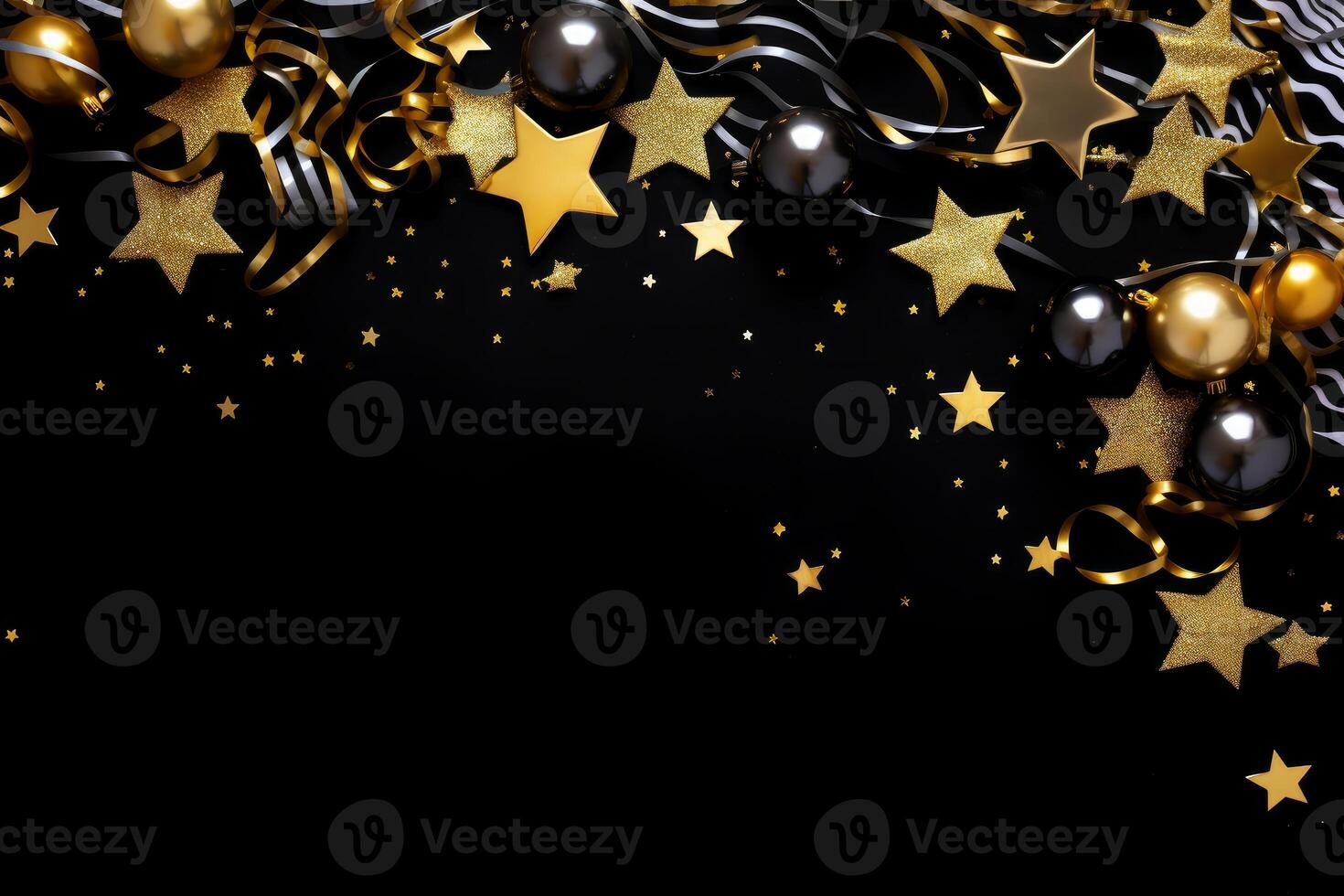 Christmas ornaments and stars creating festive border on black background photo