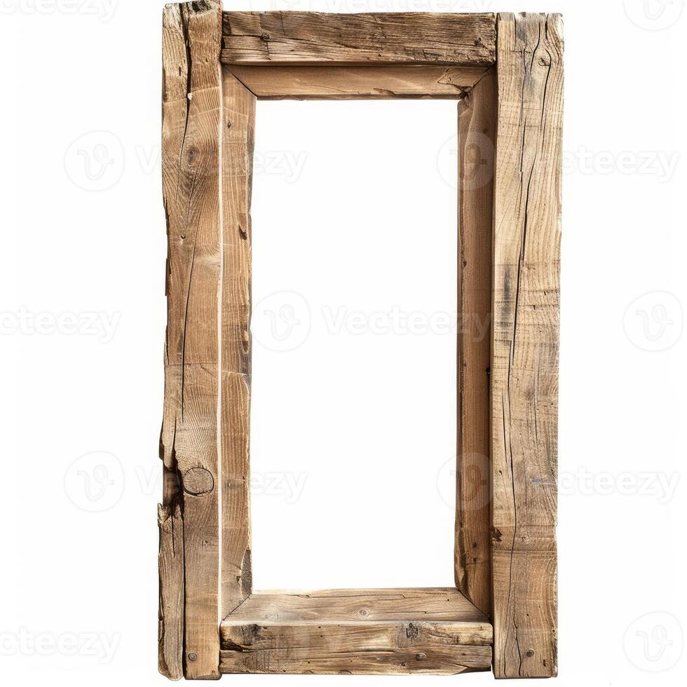 Old weathered empty wooden frame isolated on white background photo