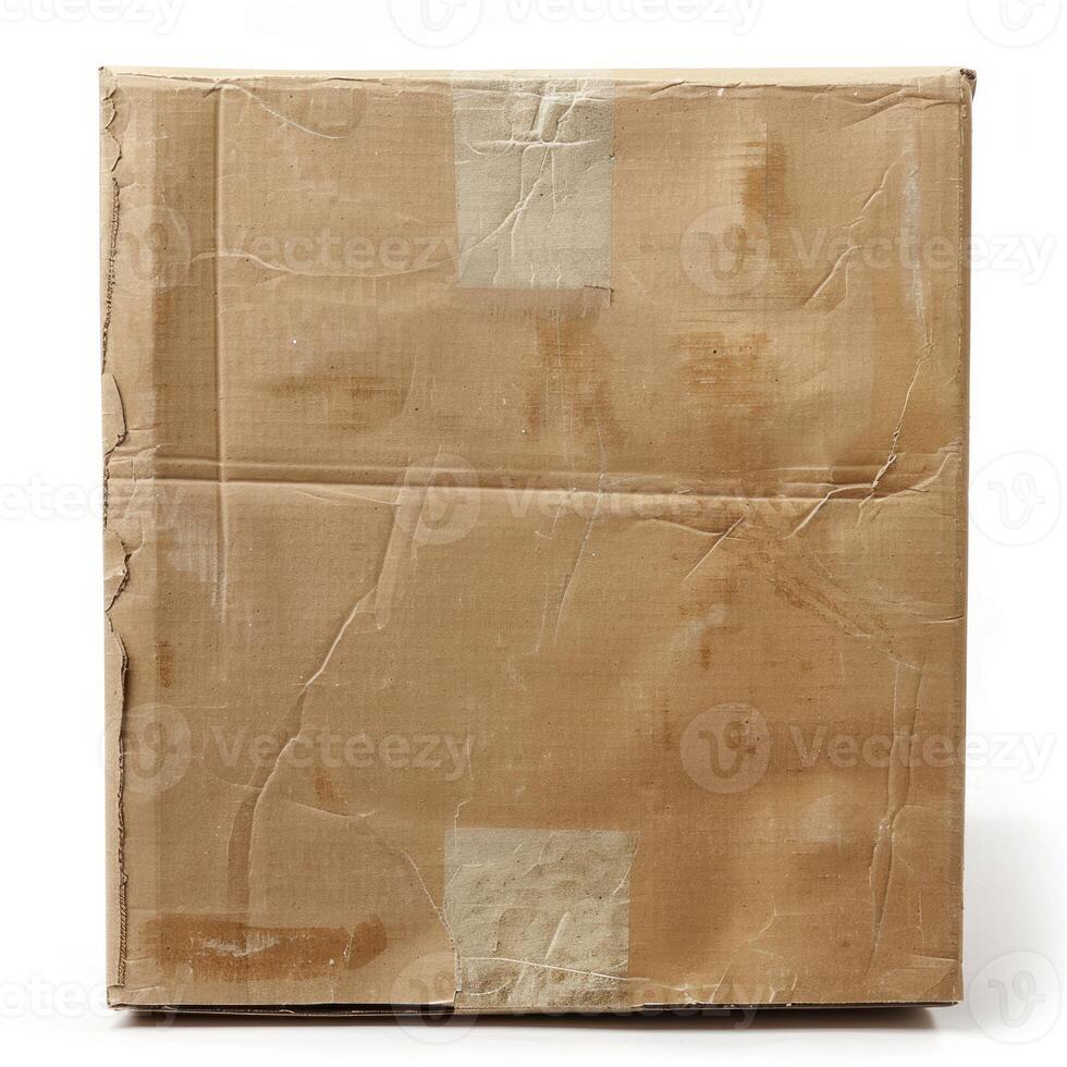 Used cardboard box on white background with tape photo