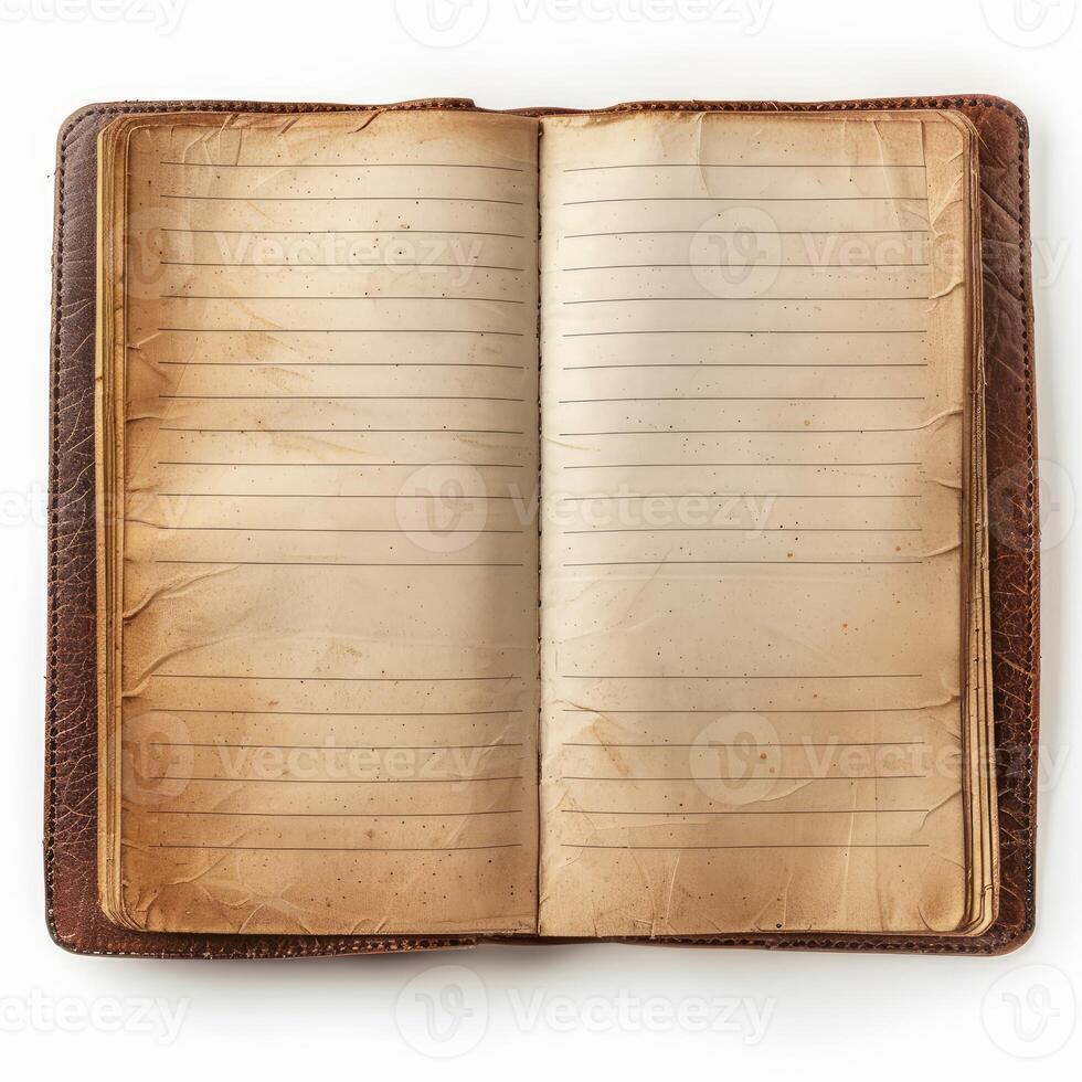 Open vintage notebook showing blank pages with leather cover photo