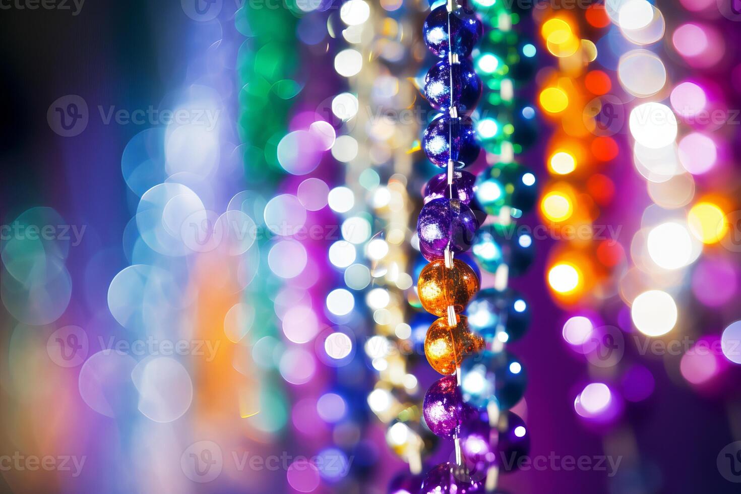 Colorful mardi gras beads hanging with bokeh background effect photo