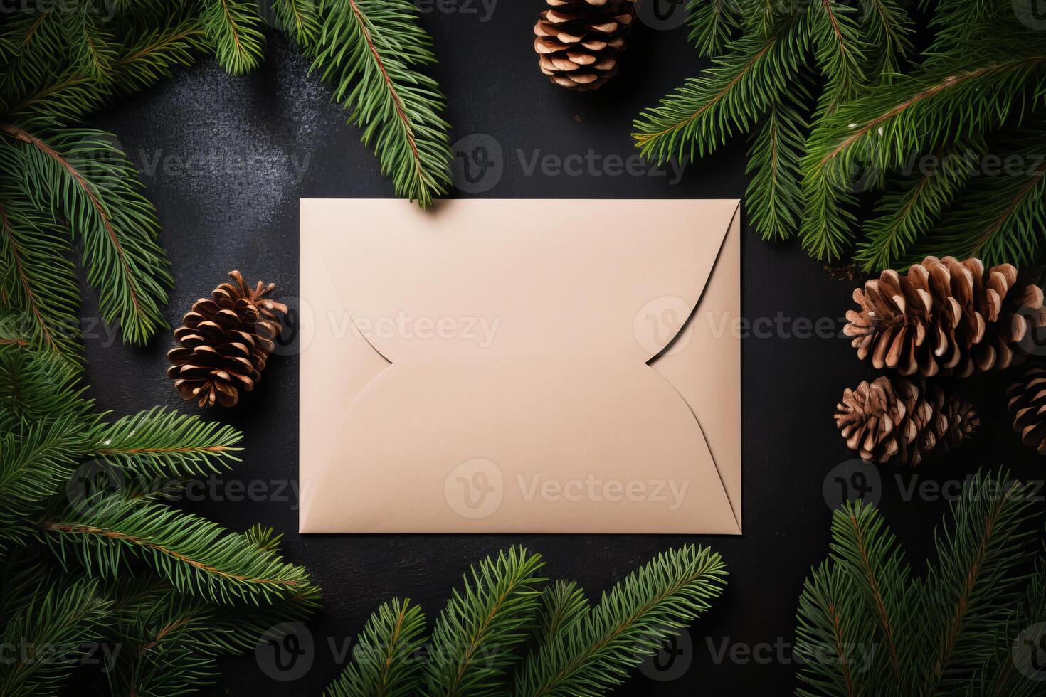 Christmas envelope mockup surrounded by fir branches and pine cones on dark background photo