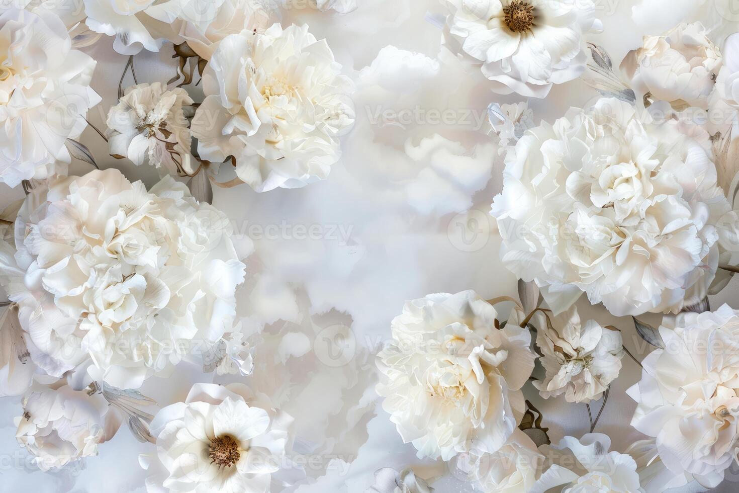 White peonies and roses creating elegant floral frame on cloudy background photo