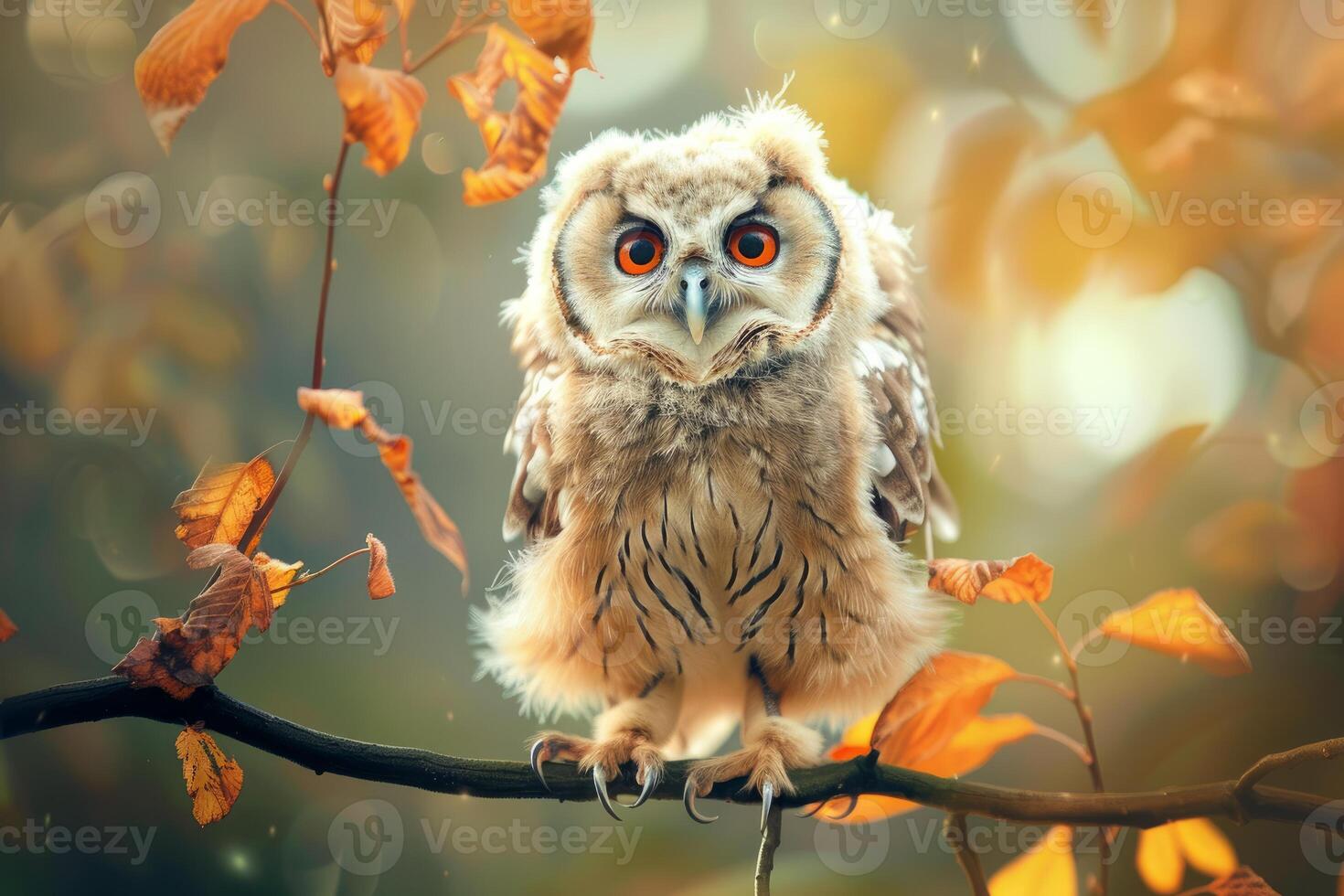 Long eared owl perching on branch with autumn leaves photo