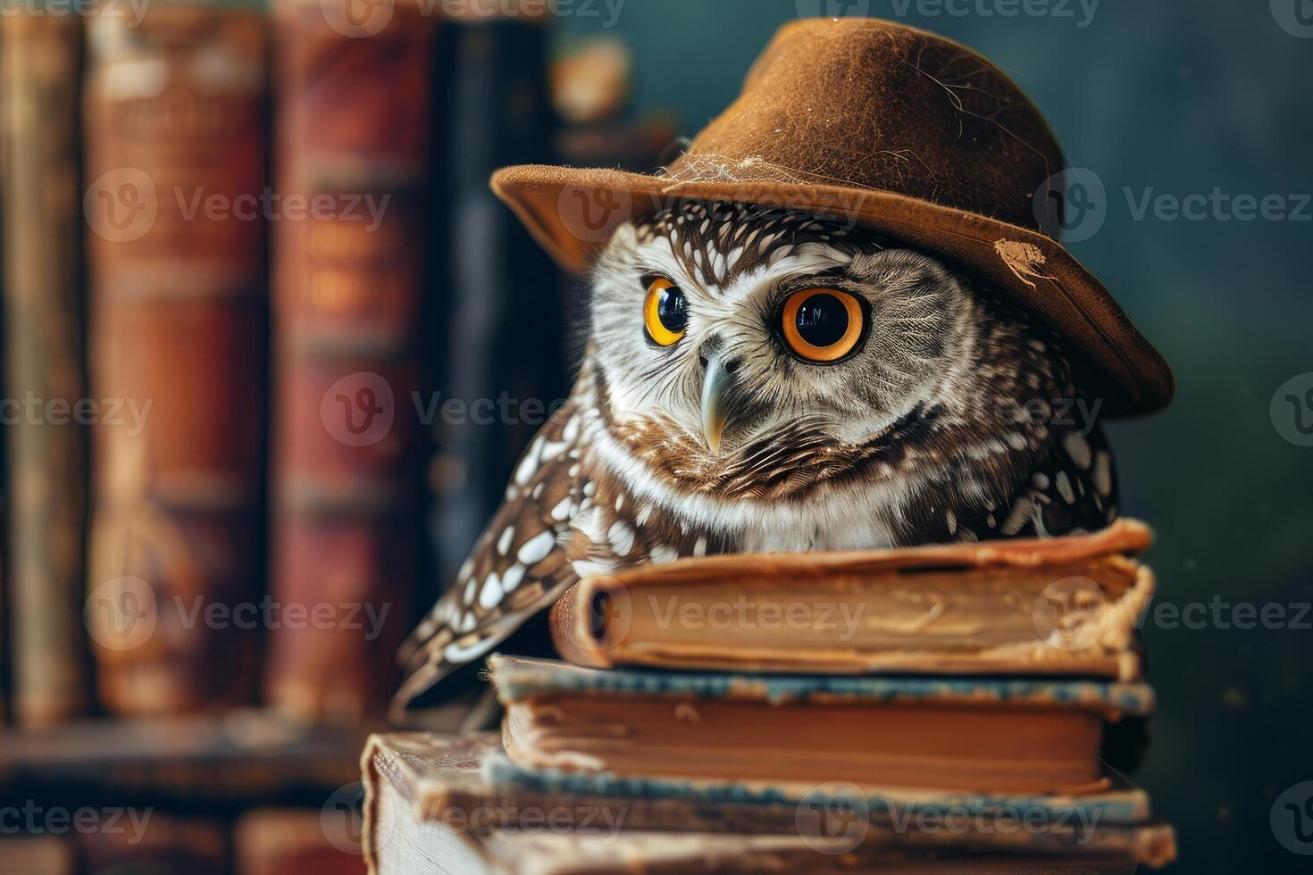 Owl wearing hat sitting on stack of old books in library photo